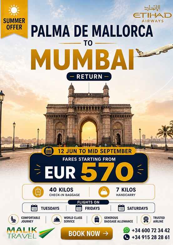 Palma de mallorca to Mumbai with Malik Travel From €570